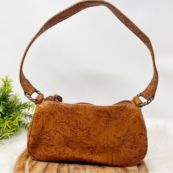 Nine West Mini Shoulder Bag Purse Embossed Floral Pattern Brown Tooled. - Picture 1 of 16